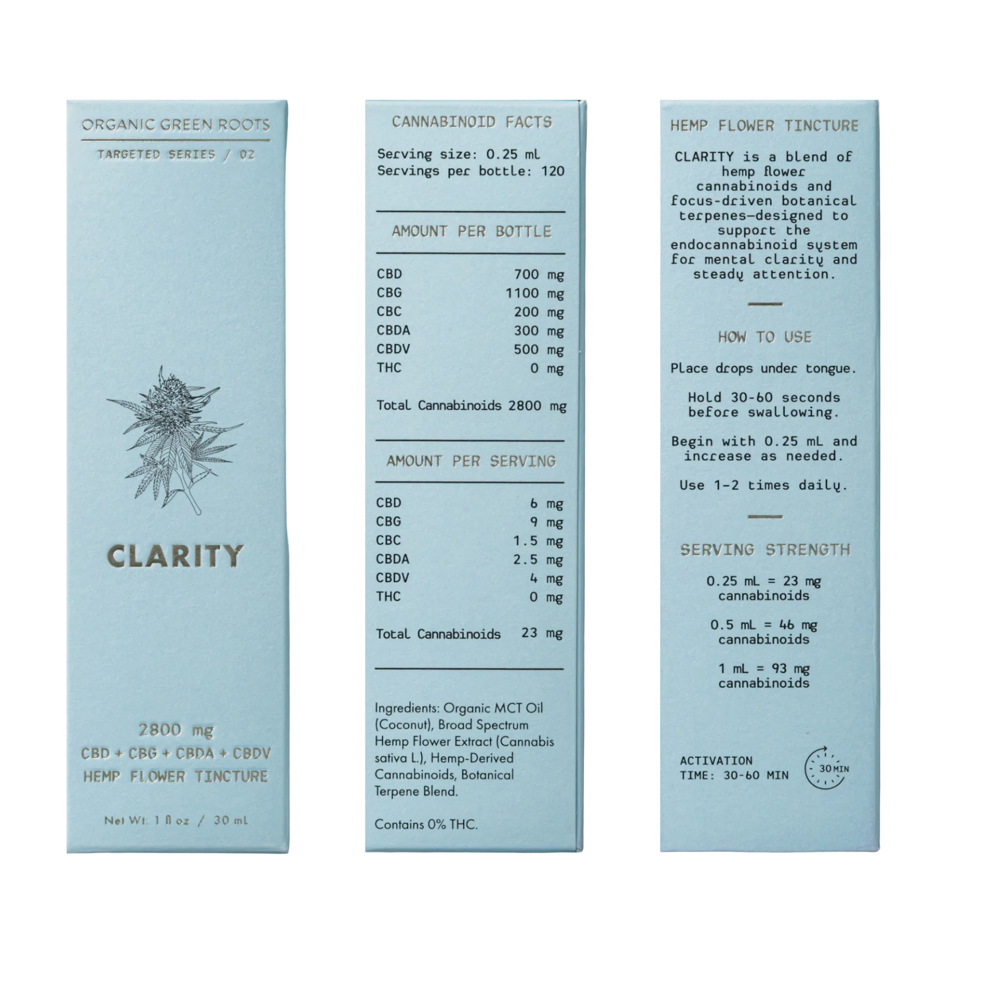 Three flat rectangular packaging cards for a hemp flower tincture set on a plain white background. The cards are light blue with black text and graphics, including a botanical leaf illustration and product details such as CBD amounts, serving size, and how to use.