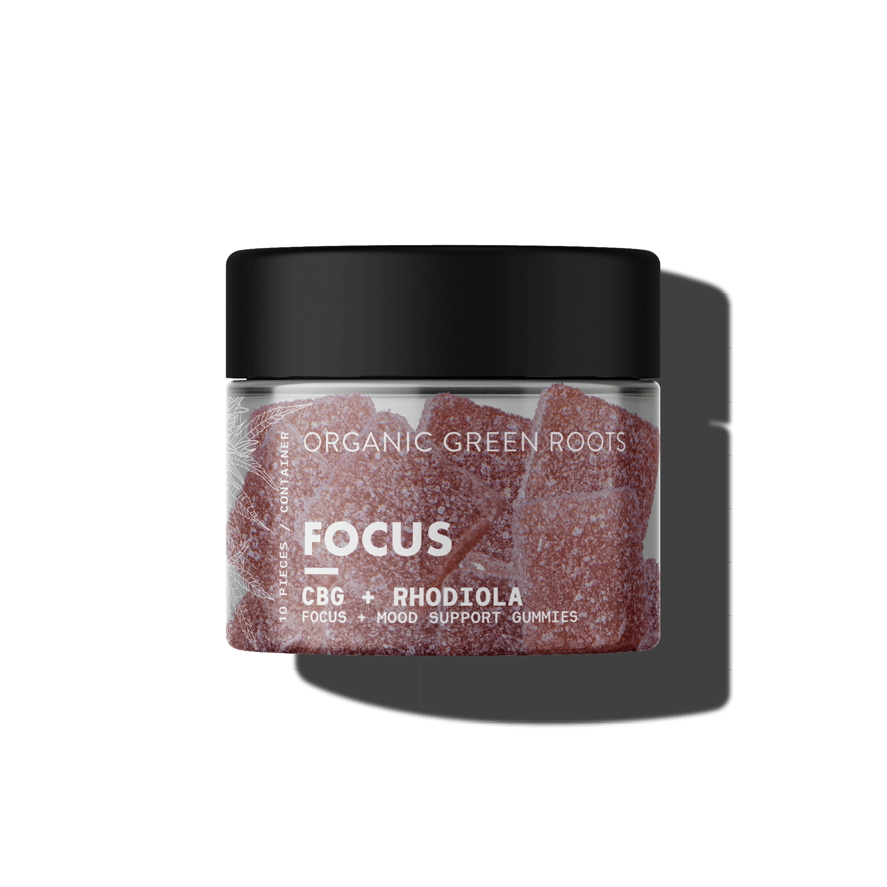 Clear jar with dark orange focus gummies.