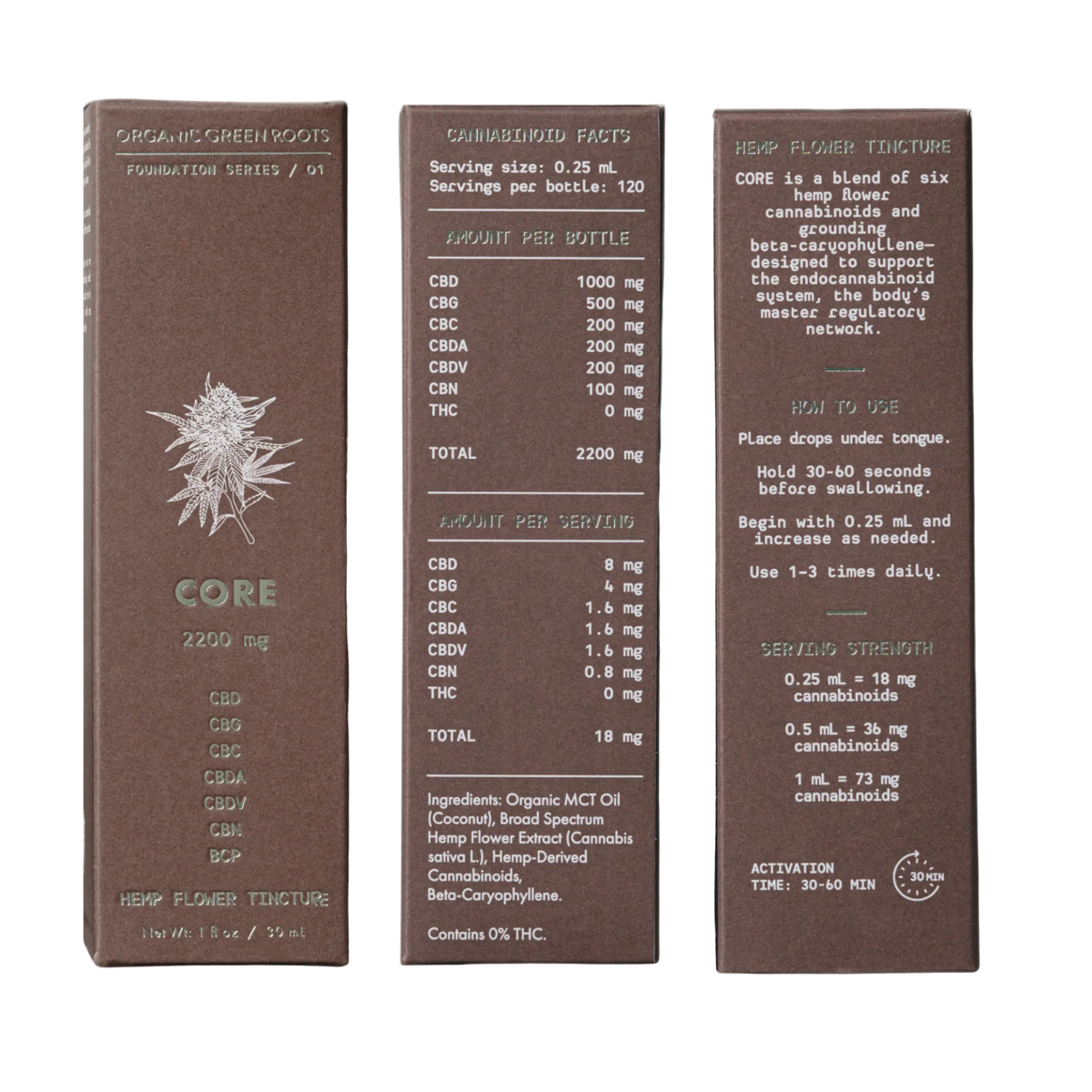Three brown cardboard packaging panels for Organic Green Roots CBD flower tincture, showing front, back, and usage information for the Core 2250 mg cannabinoid formula.