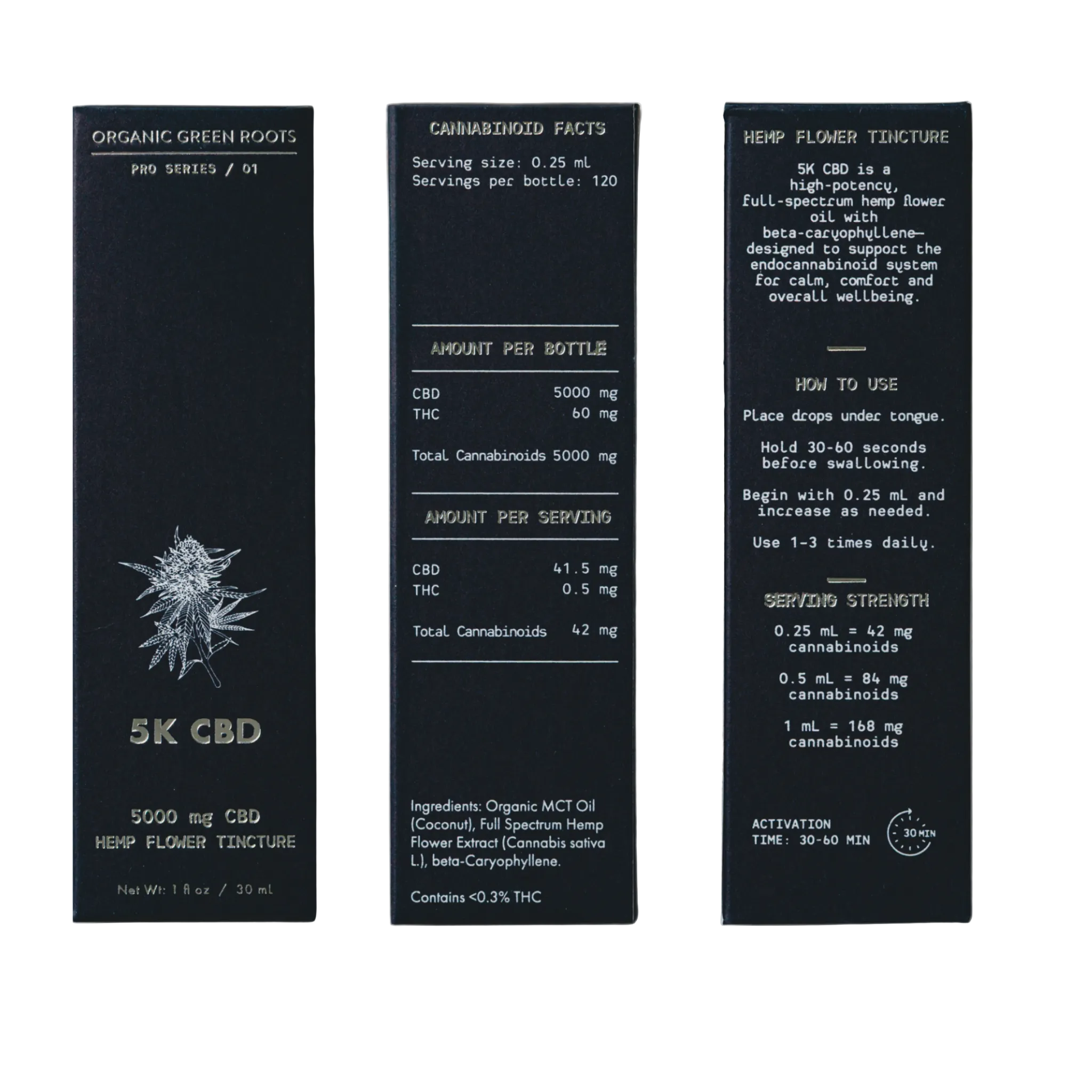 Three black product boxes for 5K CBD Hemp Flower Tincture are shown side-by-side against a white background, displaying the front, back, and side panels with white text and a hemp plant illustration.