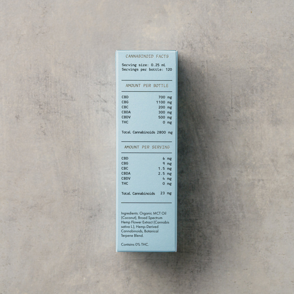 A tall, narrow white cardboard box with a light blue side panel showing cannabinoid facts and ingredients, photographed upright on a textured light gray surface.