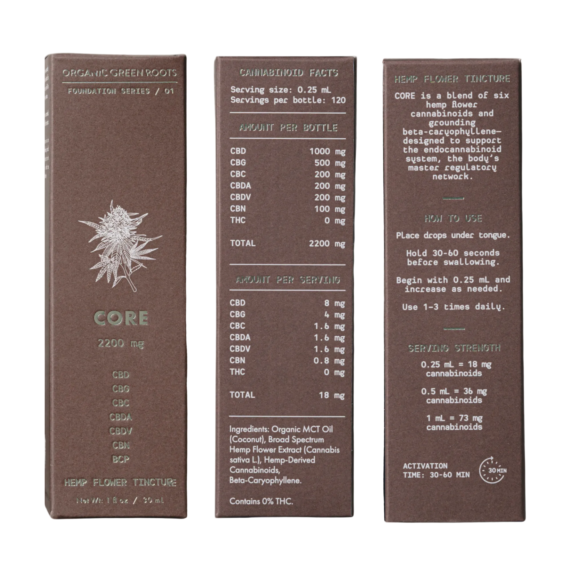 Three brown cardboard packaging panels for Organic Green Roots CBD flower tincture, showing front, back, and usage information for the Core 2250 mg cannabinoid formula.