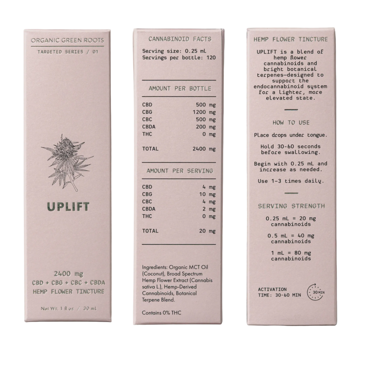 Three views of a square cardboard box for Uplift Organic Green Roots CBD hemp flower tincture, showing the front, back, and side panels with product details, serving size, and usage instructions.